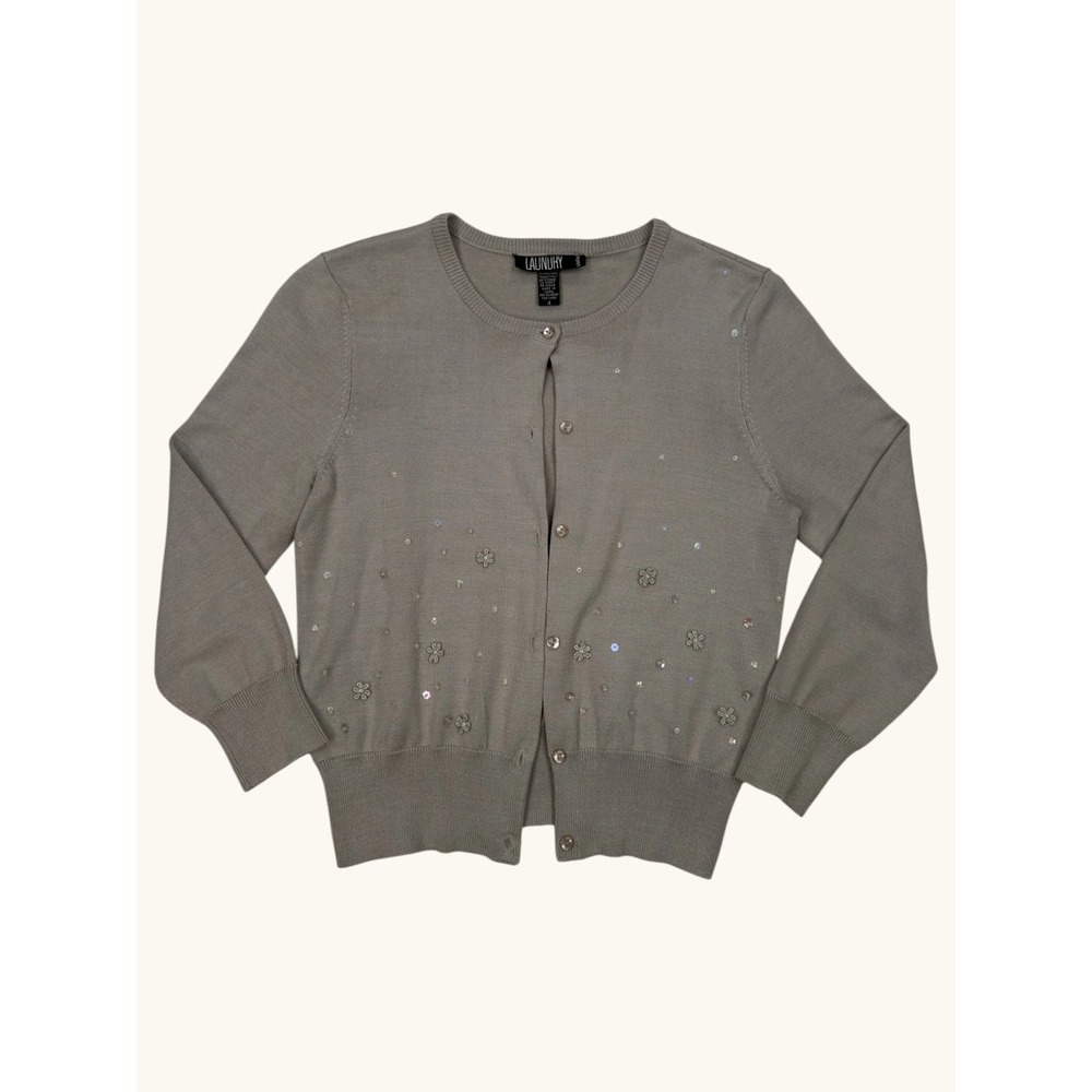 Laundry by Shelli Segal Cardigan Gray Sequin Floral Embroidered Sweater Size 4